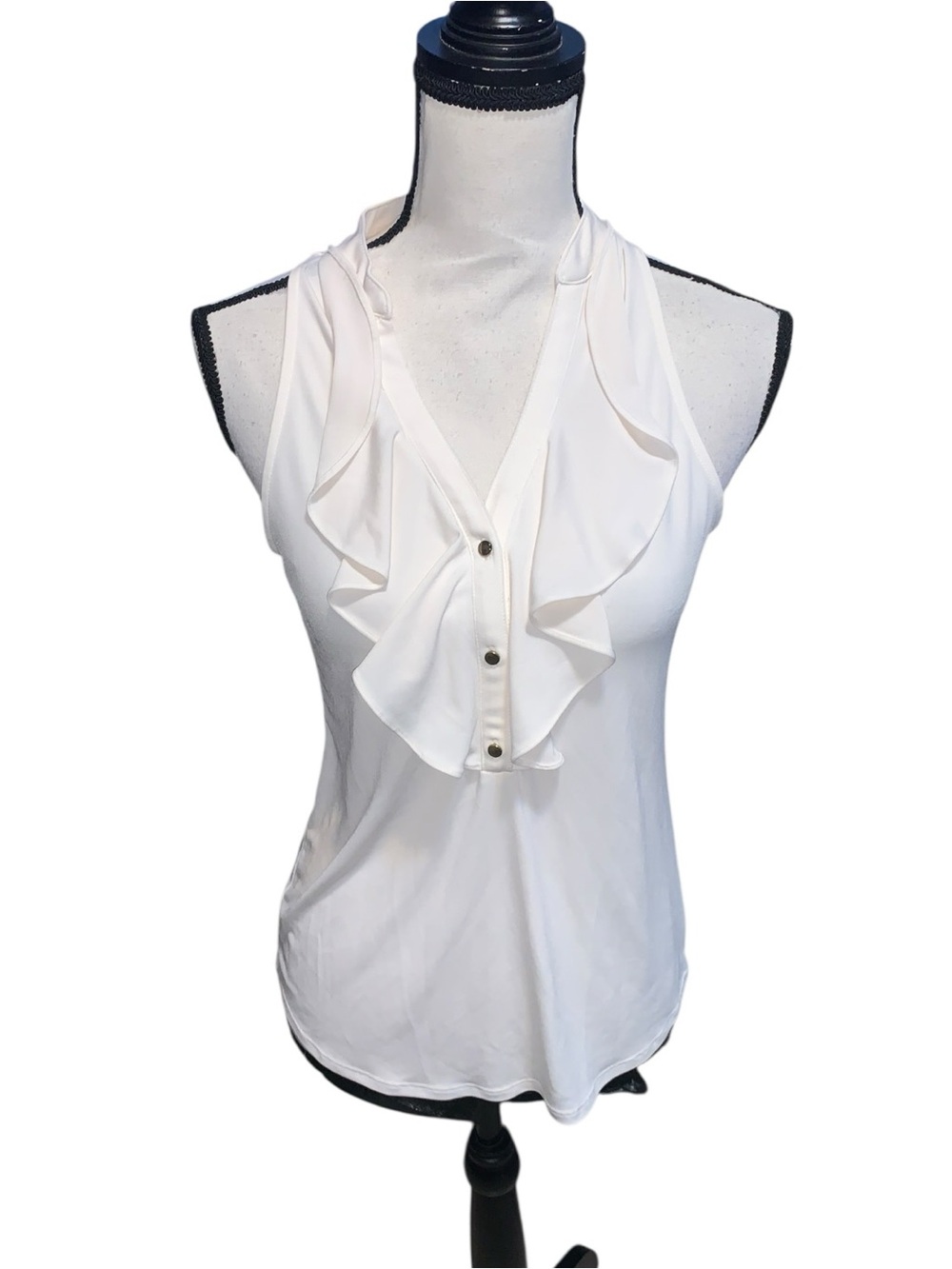 Express White Sleeveless 1/4 Button Blouse Ruffle Front Dressy Office
